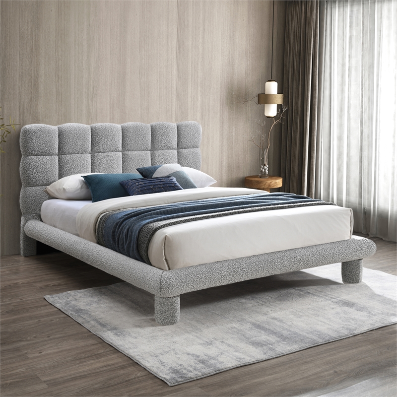 Bowery Hill Contemporary Deep Channel Tufted Grey Boucle Fabric Full Bed