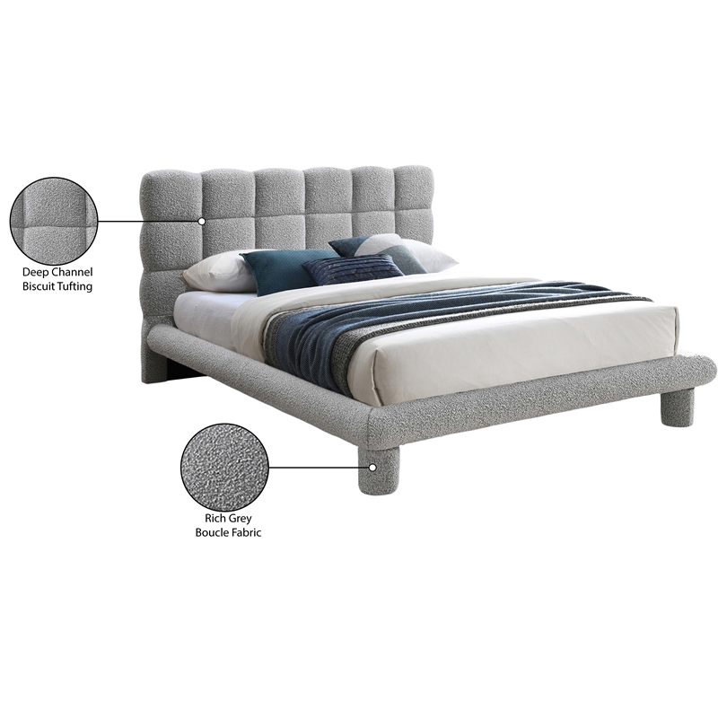 Bowery Hill Contemporary Deep Channel Tufted Grey Boucle Fabric Full Bed