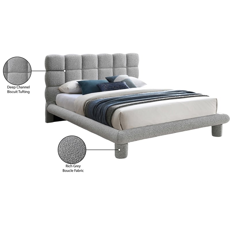 Bowery Hill Contemporary Deep Channel Tufted Grey Boucle Fabric Queen Bed