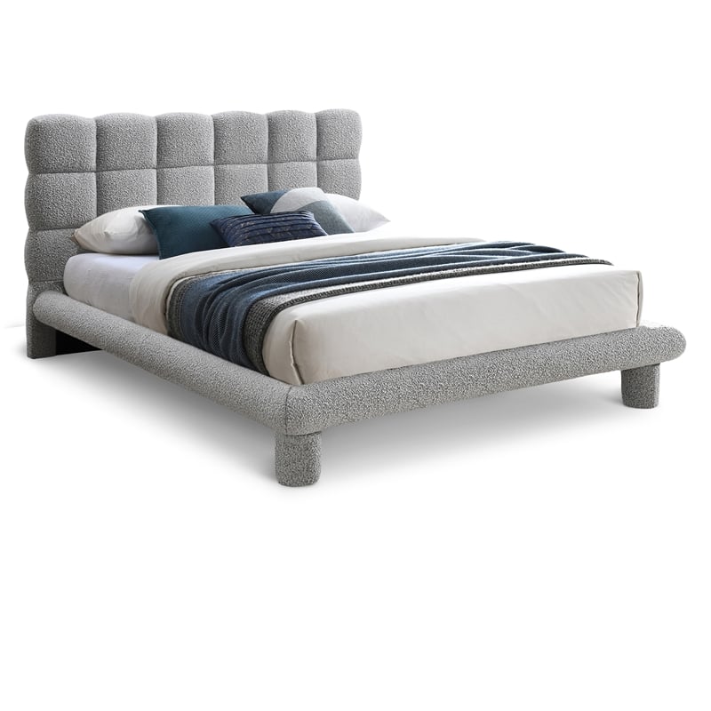 Bowery Hill Contemporary Deep Channel Tufted Grey Boucle Fabric Queen Bed
