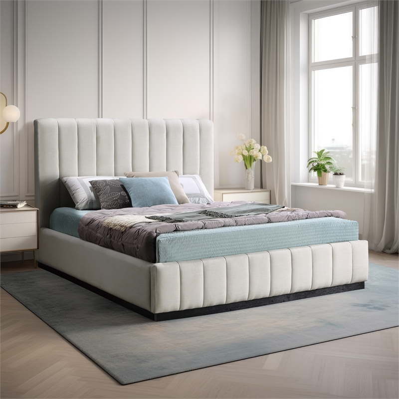 Bowery Hill Contemporary Beige Linen Textured Fabric Queen Bed