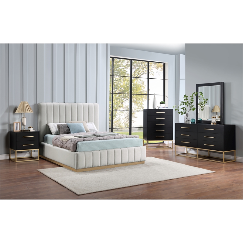 Bowery Hill Contemporary Cream Linen Textured Fabric Queen Bed