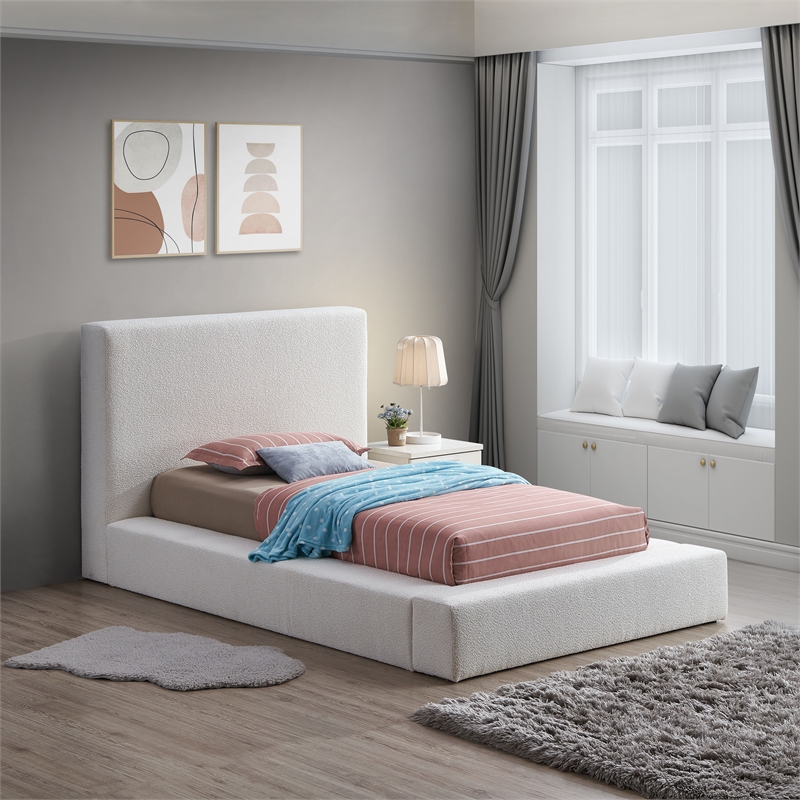 Bowery Hill Contemporary Rich Cream Boucle Durable Fabric Twin Bed