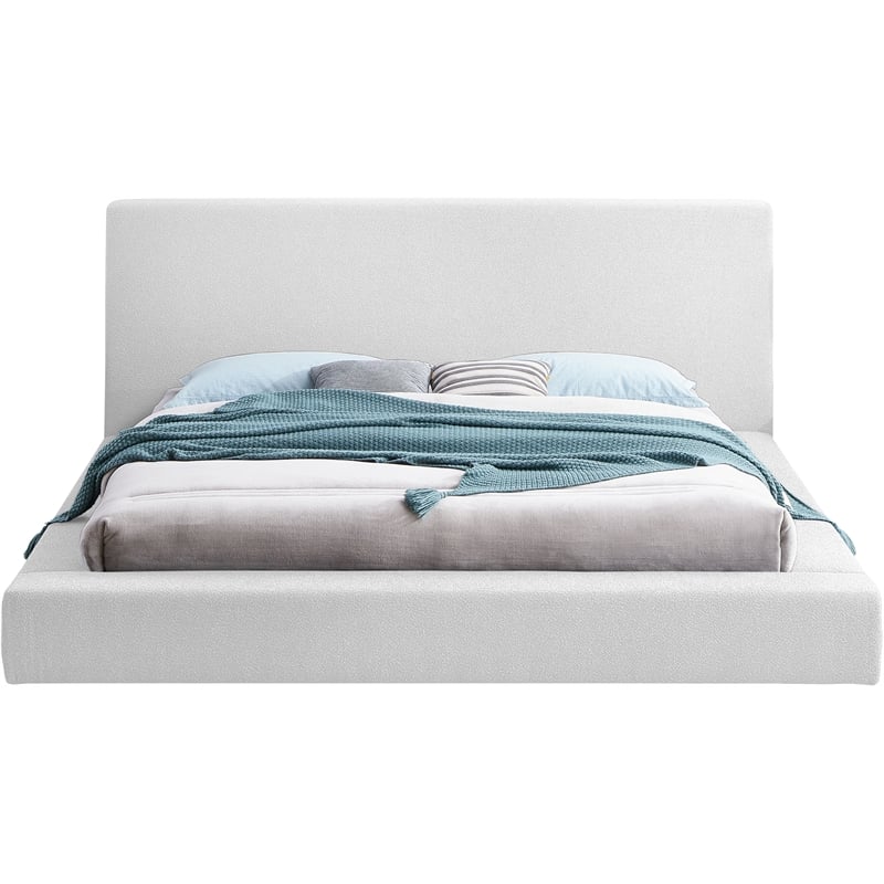 Bowery Hill Contemporary Rich White Boucle Durable Fabric Queen Bed