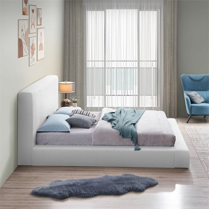 Bowery Hill Contemporary Rich White Boucle Durable Fabric Queen Bed