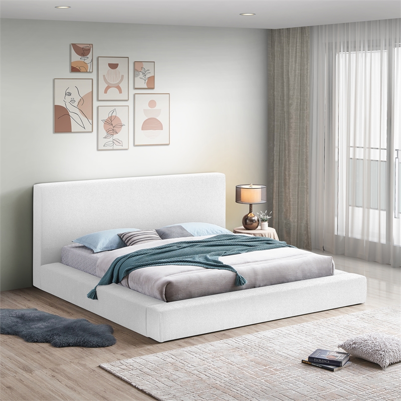 Bowery Hill Contemporary Rich White Boucle Durable Fabric Queen Bed