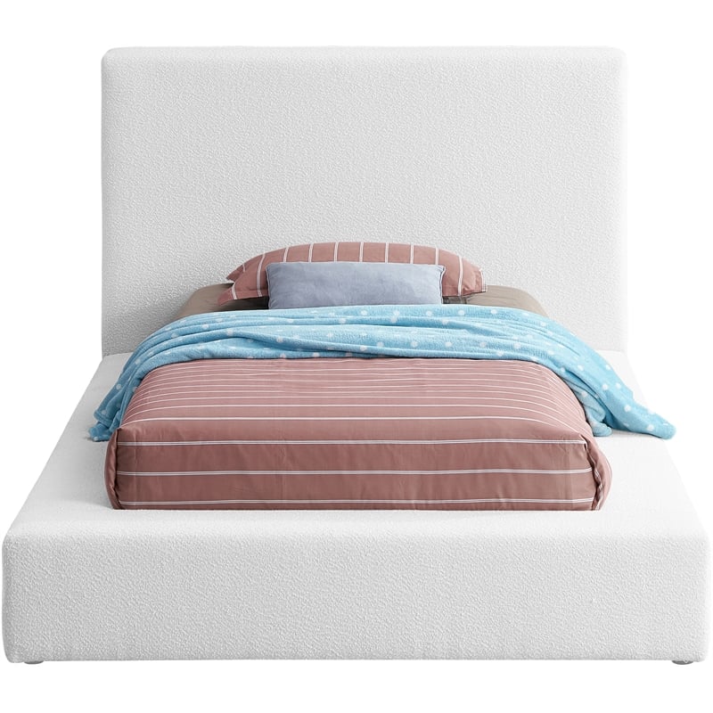 Bowery Hill Contemporary Rich White Boucle Durable Fabric Twin Bed