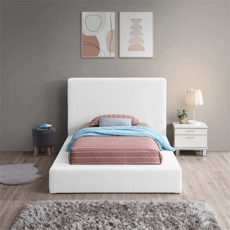 Bowery Hill Contemporary Rich White Boucle Durable Fabric Twin Bed