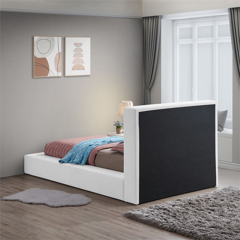 Bowery Hill Contemporary Rich White Boucle Durable Fabric Twin Bed