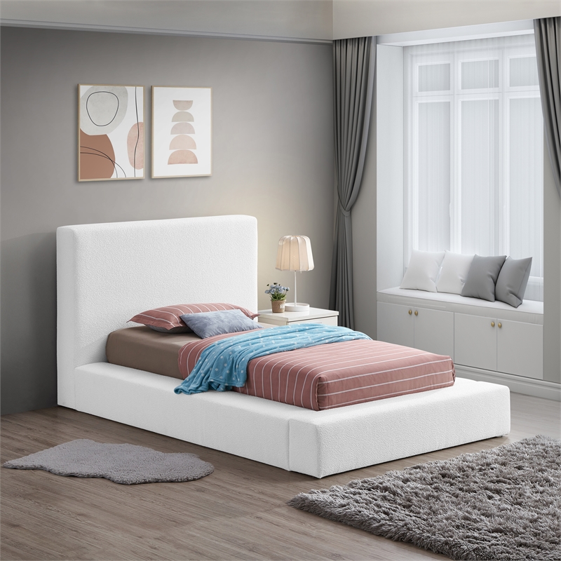 Bowery Hill Contemporary Rich White Boucle Durable Fabric Twin Bed