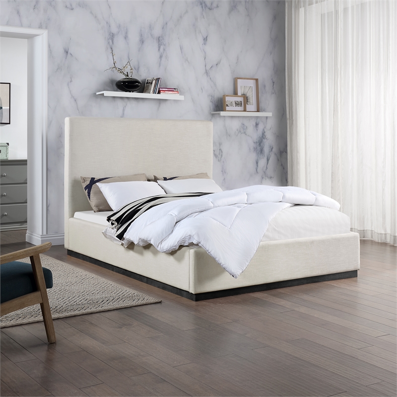 Bowery Hill Contemporary Beige Linen Textured Fabric Queen Bed