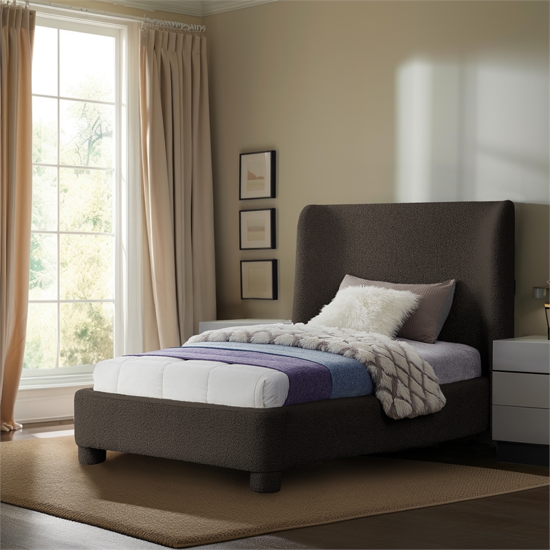 Bowery Hill Contemporary Upholstered Brown Boucle Fabric Twin Bed