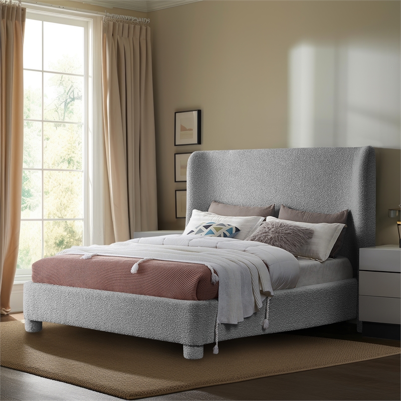Bowery Hill Contemporary Upholstered Grey Boucle Fabric King Bed