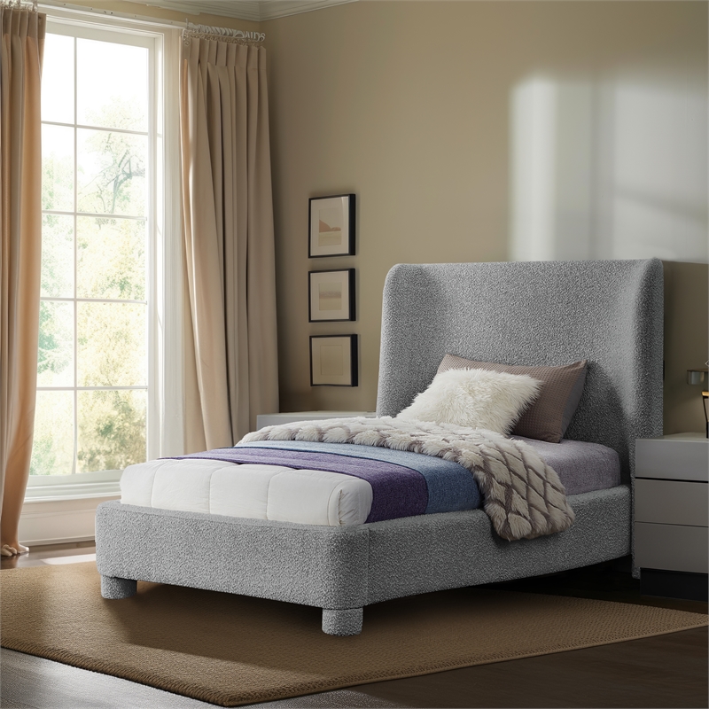 Bowery Hill Contemporary Upholstered Grey Boucle Fabric Twin Bed