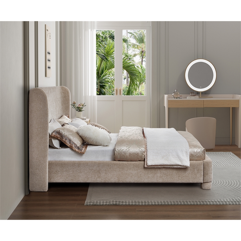Bowery Hill Contemporary Upholstered Beige Chenille Fabric Queen Bed