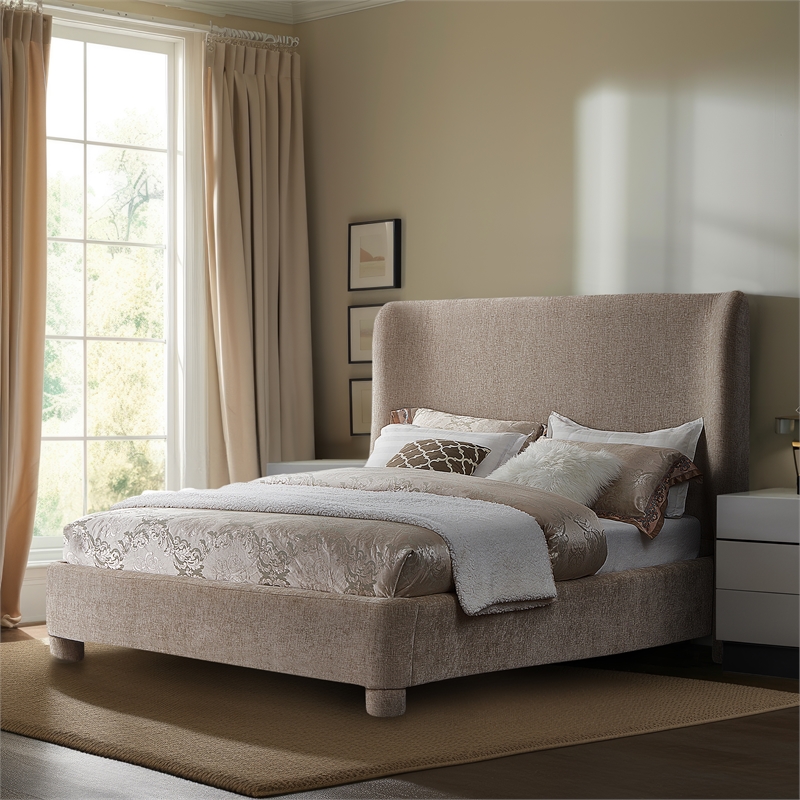 Bowery Hill Contemporary Upholstered Beige Chenille Fabric Queen Bed