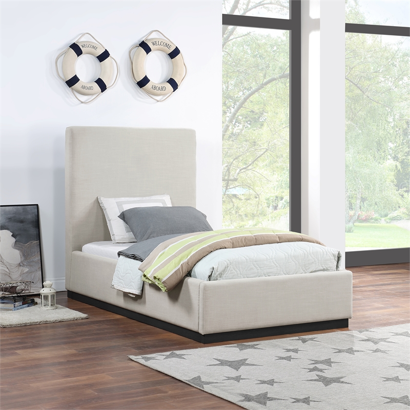 Bowery Hill Contemporary Beige Linen Textured Fabric Twin Bed