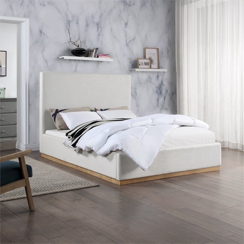 Bowery Hill Contemporary Cream Linen Textured Fabric Queen Bed