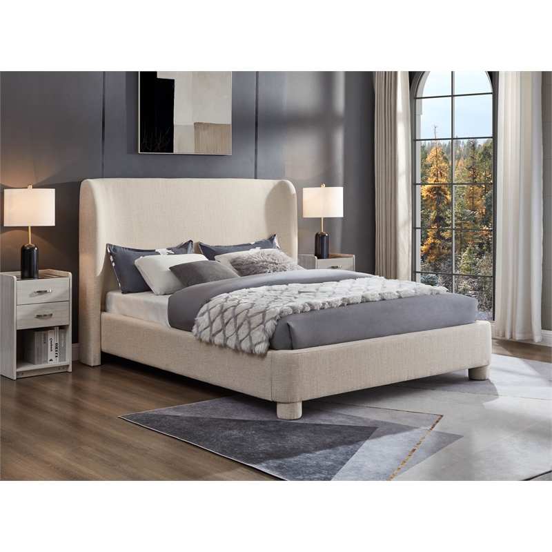 Bowery Hill Contemporary Upholstered Beige Fabric Full Bed with Curved Headboard