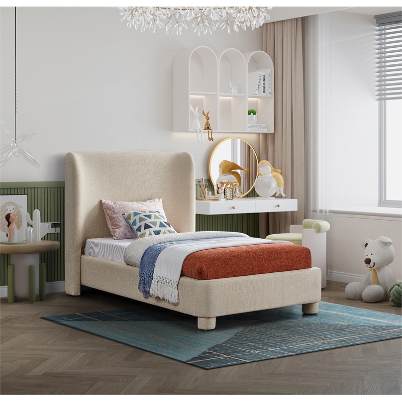 Bowery Hill Contemporary Upholstered Beige Fabric Twin Bed with Curved Headboard