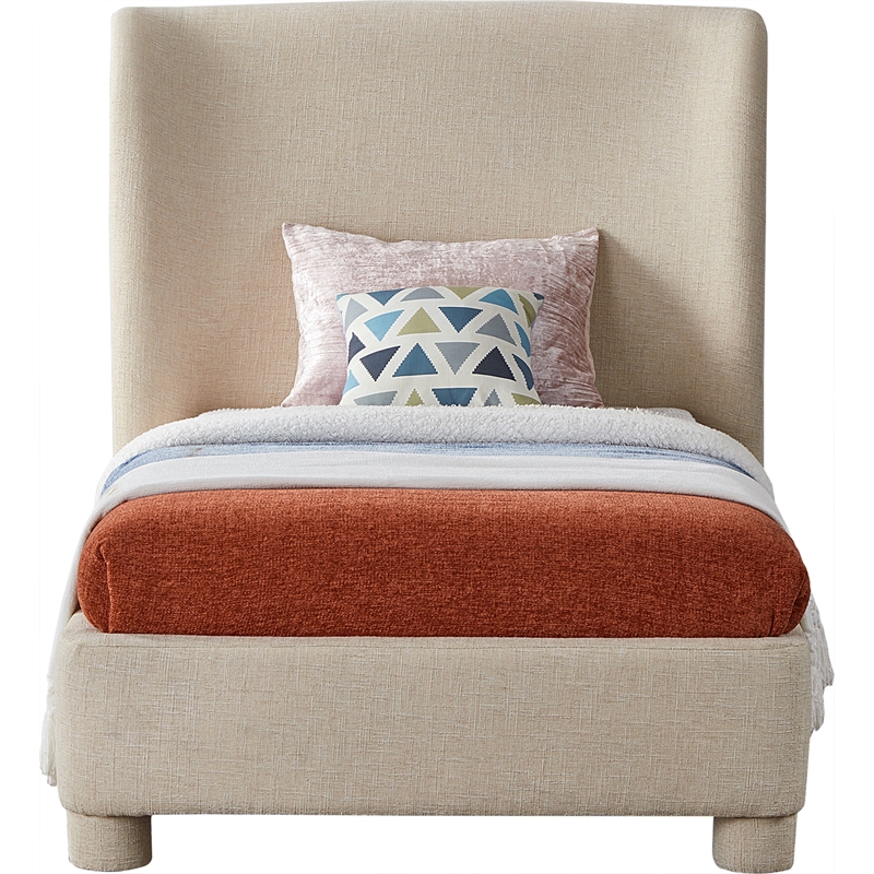 Bowery Hill Contemporary Upholstered Beige Fabric Twin Bed with Curved Headboard