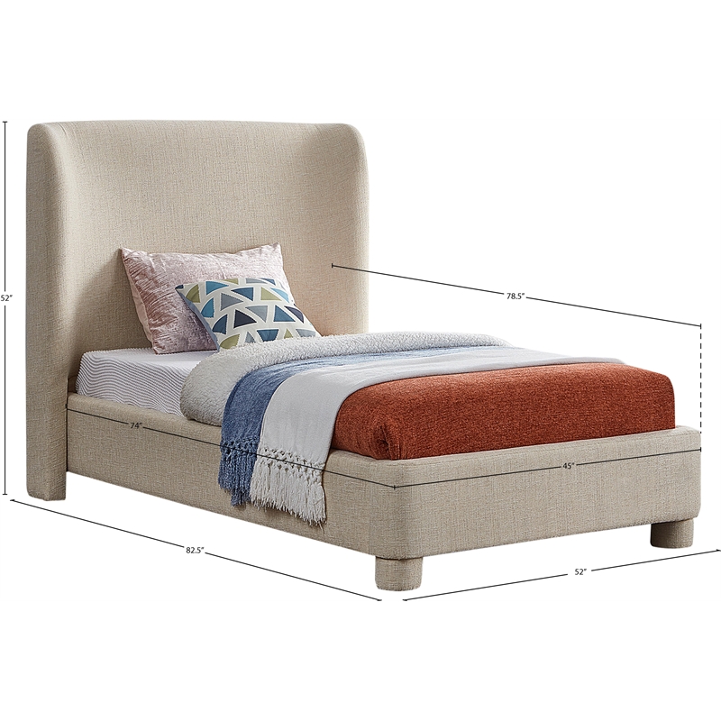 Bowery Hill Contemporary Upholstered Beige Fabric Twin Bed with Curved Headboard