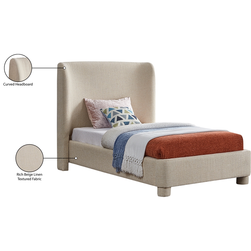 Bowery Hill Contemporary Upholstered Beige Fabric Twin Bed with Curved Headboard