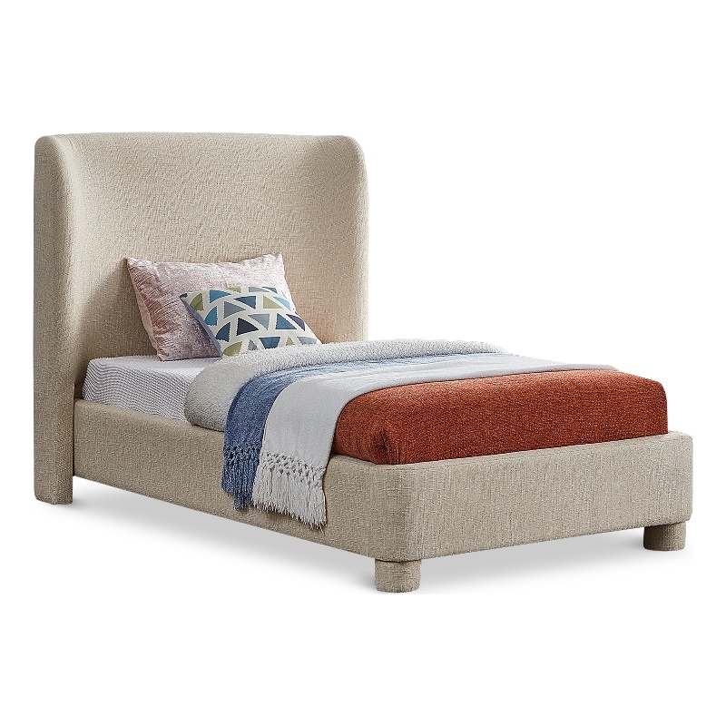 Bowery Hill Contemporary Upholstered Beige Fabric Twin Bed with Curved Headboard