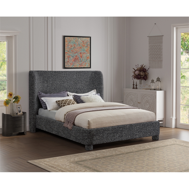 Bowery Hill Contemporary Upholstered Black Fabric Full Bed with Curved Headboard
