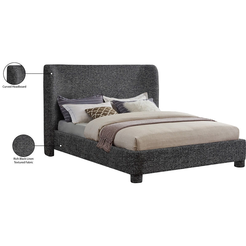 Bowery Hill Contemporary Upholstered Black Fabric King Bed with Curved Headboard