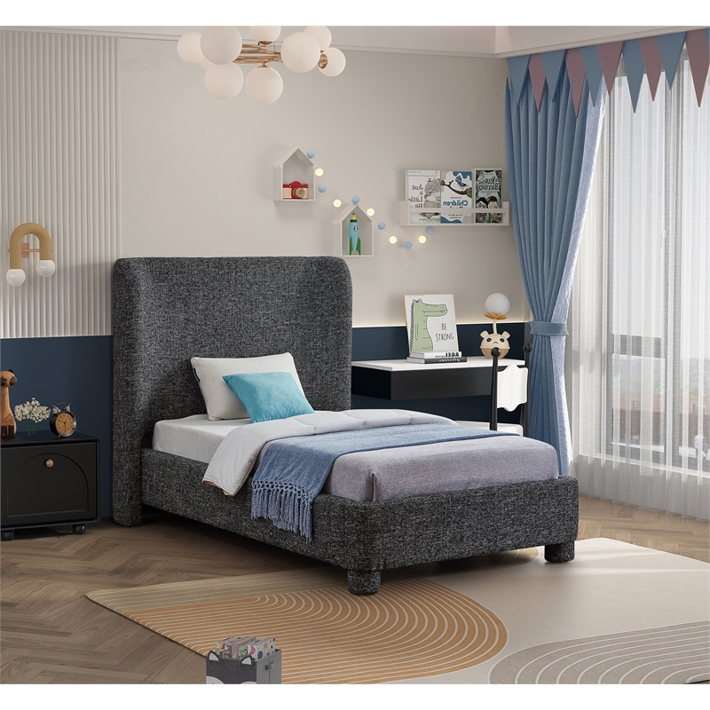 Bowery Hill Contemporary Upholstered Black Fabric Twin Bed with Curved Headboard