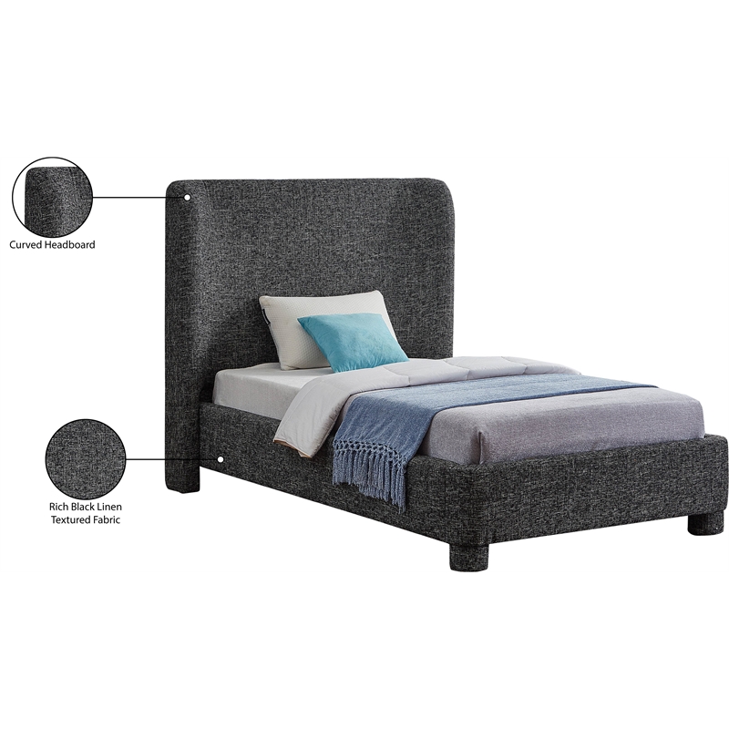 Bowery Hill Contemporary Upholstered Black Fabric Twin Bed with Curved Headboard