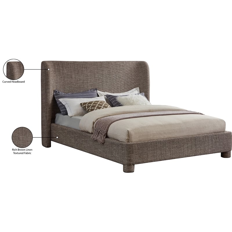 Bowery Hill Contemporary Upholstered Brown Fabric Full Bed with Curved Headboard