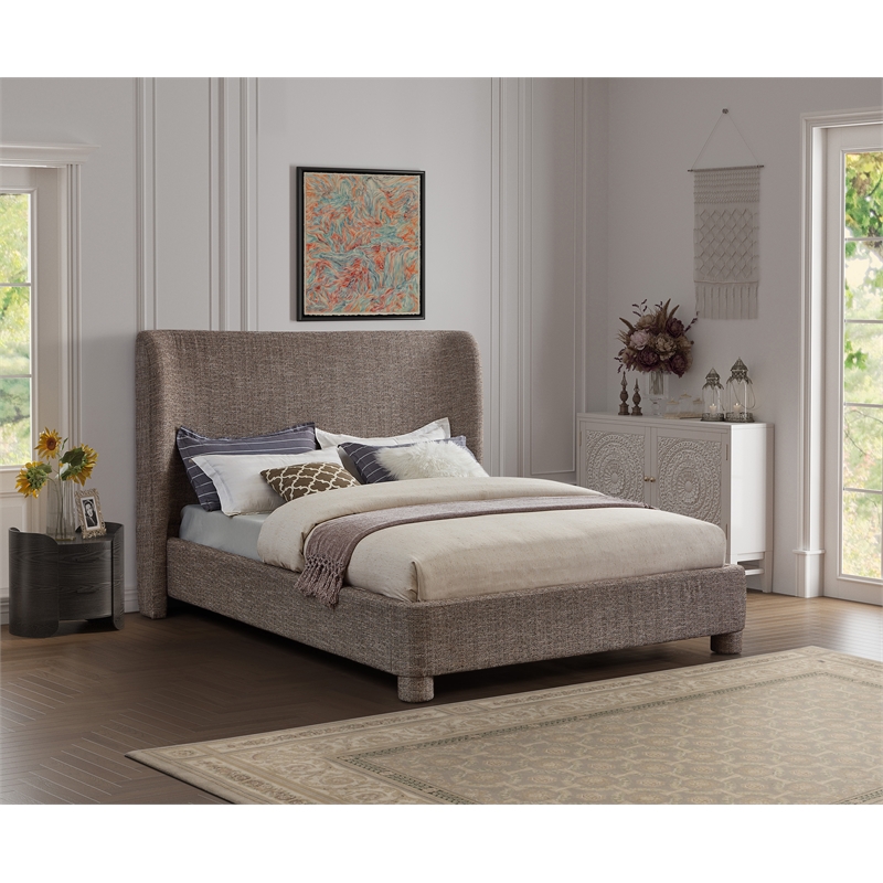 Bowery Hill Contemporary Upholstered Brown Fabric King Bed with Curved Headboard