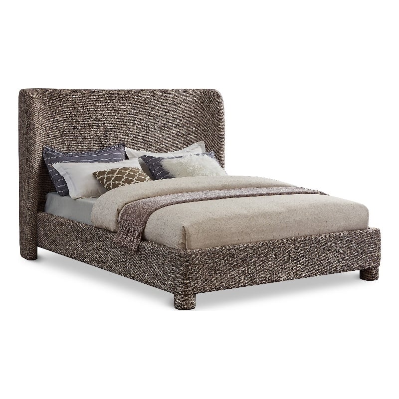 Bowery Hill Contemporary Upholstered Brown Fabric King Bed with Curved Headboard