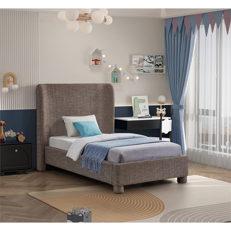 Bowery Hill Contemporary Upholstered Brown Fabric Twin Bed with Curved Headboard
