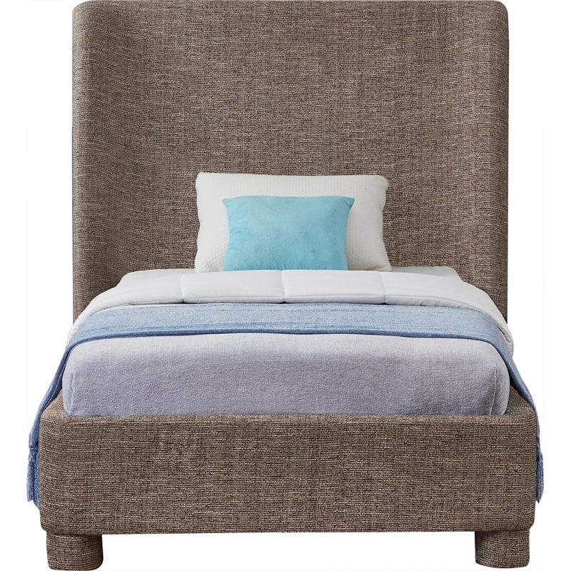 Bowery Hill Contemporary Upholstered Brown Fabric Twin Bed with Curved Headboard