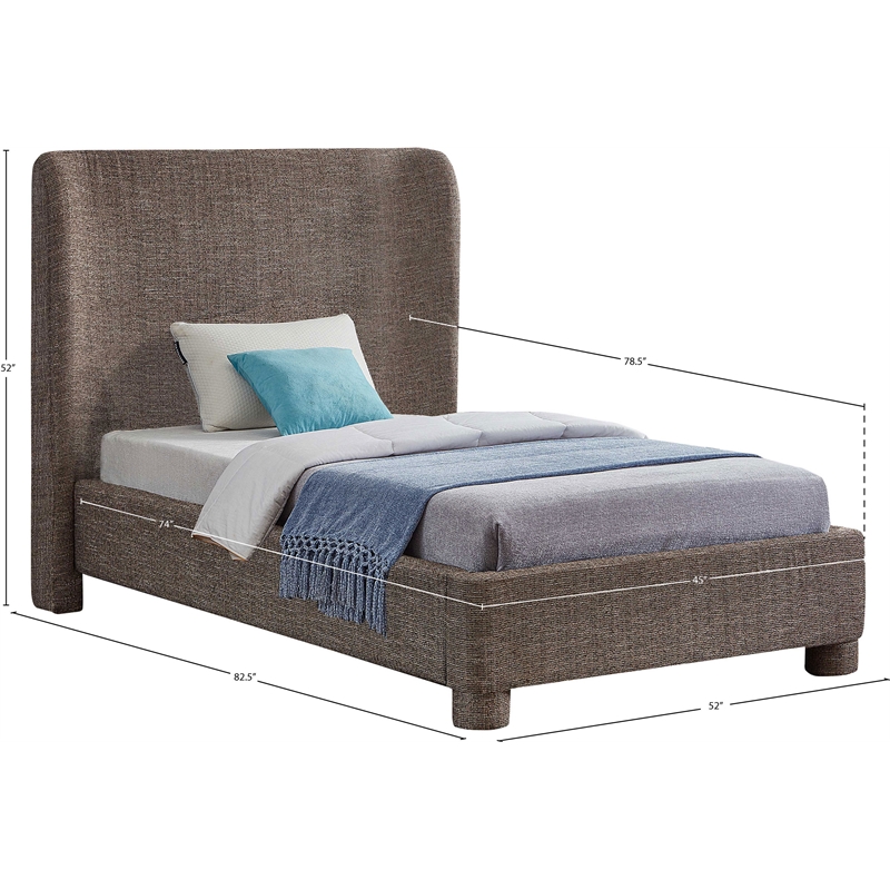 Bowery Hill Contemporary Upholstered Brown Fabric Twin Bed with Curved Headboard