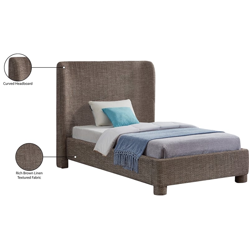 Bowery Hill Contemporary Upholstered Brown Fabric Twin Bed with Curved Headboard