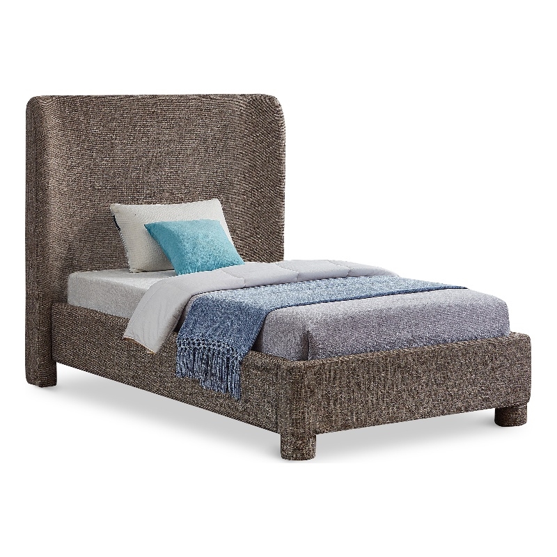 Bowery Hill Contemporary Upholstered Brown Fabric Twin Bed with Curved Headboard