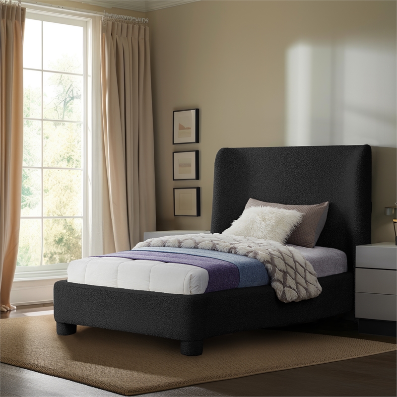 Bowery Hill Contemporary Upholstered Black Boucle Fabric Twin Bed