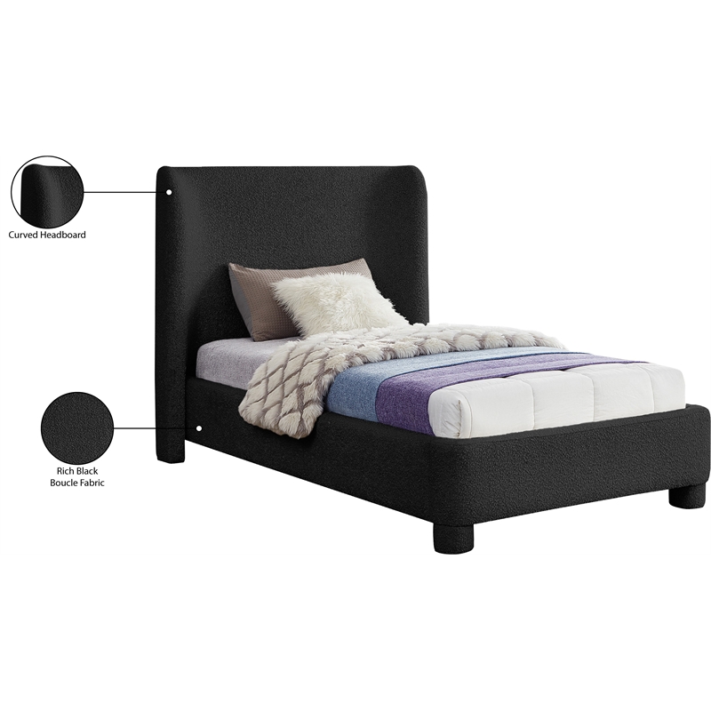 Bowery Hill Contemporary Upholstered Black Boucle Fabric Twin Bed