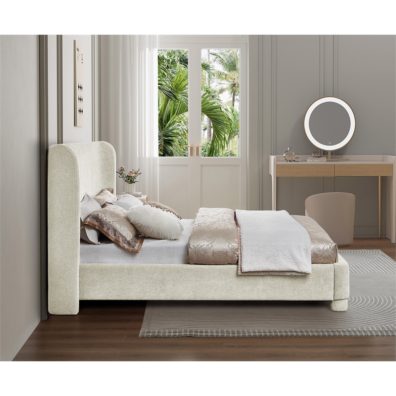 Bowery Hill Contemporary Upholstered Cream Chenille Fabric Queen Bed