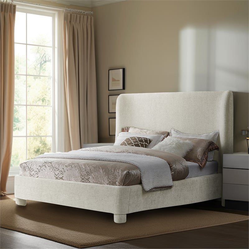 Bowery Hill Contemporary Upholstered Cream Chenille Fabric Queen Bed