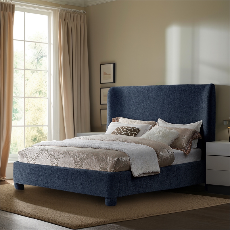 Bowery Hill Contemporary Upholstered Navy Chenille Fabric King Bed