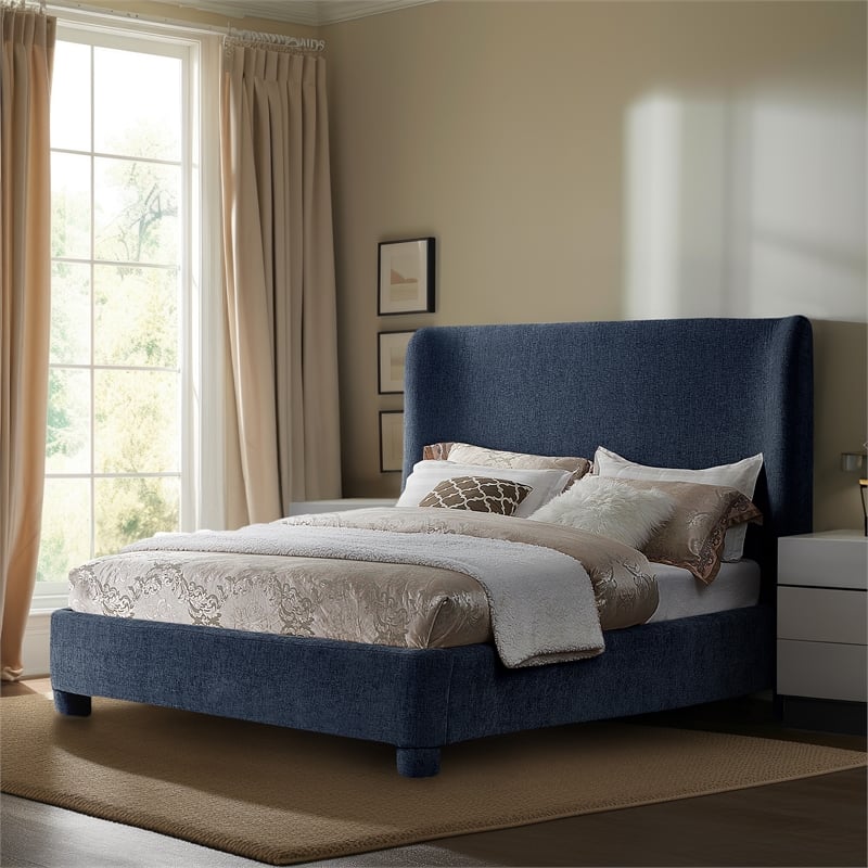 Bowery Hill Contemporary Upholstered Navy Chenille Fabric Queen Bed
