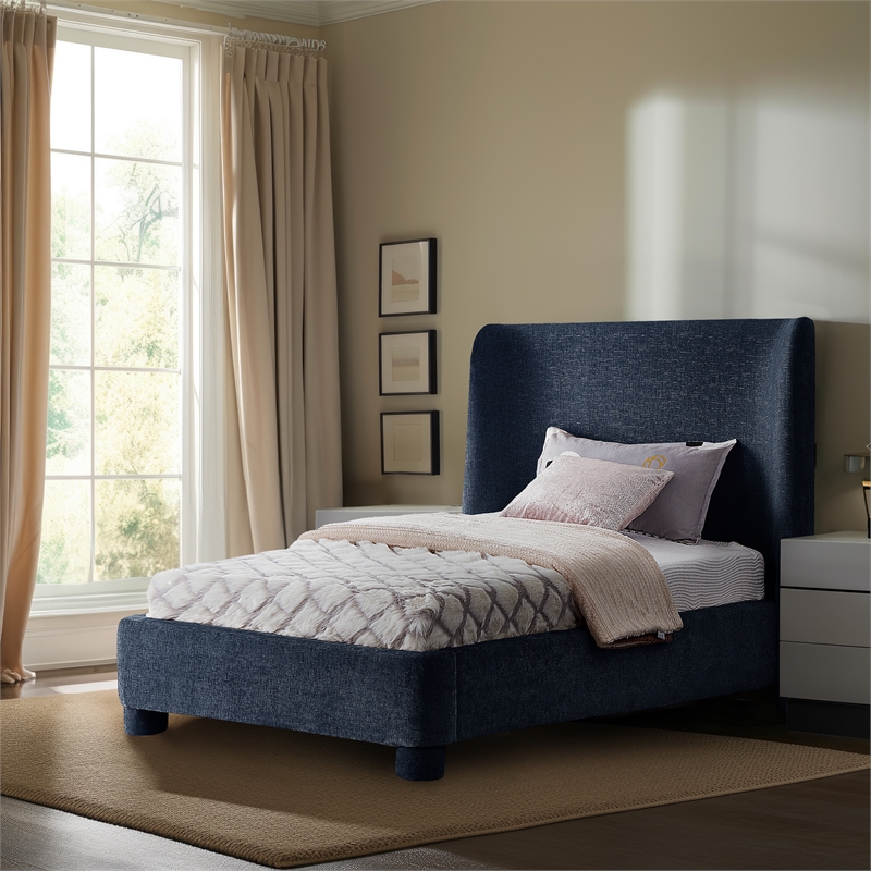 Bowery Hill Contemporary Upholstered Navy Chenille Fabric Twin Bed