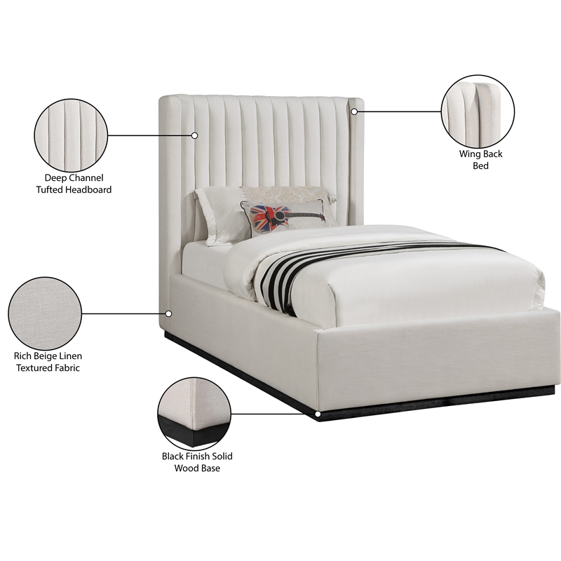 Bowery Hill Contemporary Beige Linen Textured Fabric Twin Bed