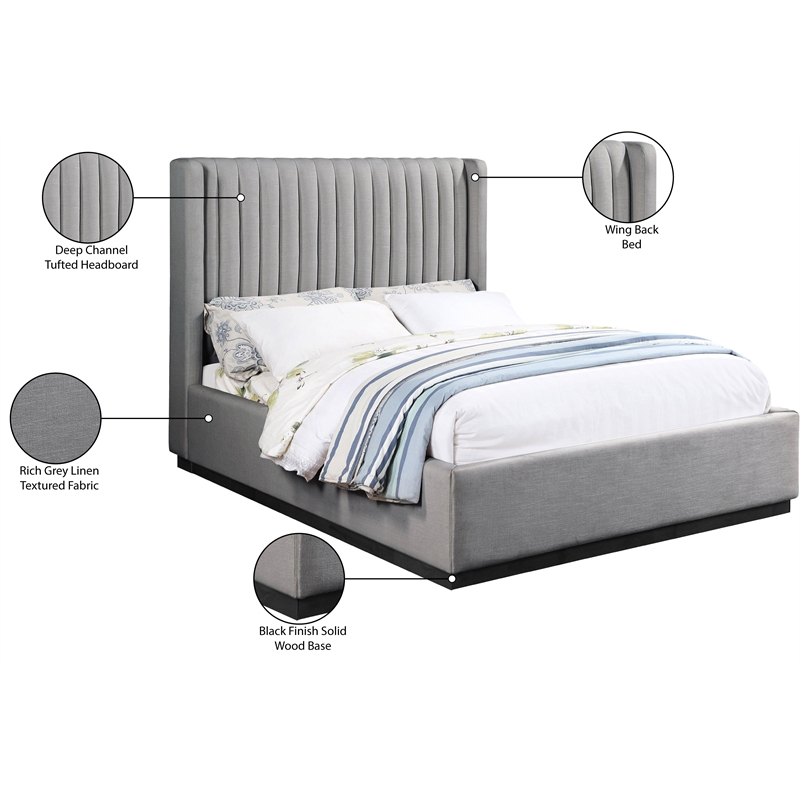 Bowery Hill Contemporary Grey Linen Textured Fabric Queen Bed