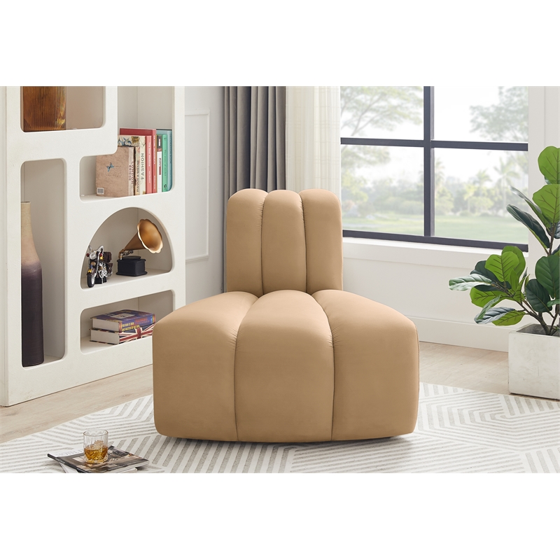 Bowery Hill Contemporary Deep Channel Tufted Soft Camel Velvet Reverse Corner